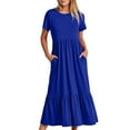 thumbnail image 1 of Staron Robe d'Été pour Femmes à Manches Courtes, Robe Décontractée Smockée, Col Ras du Cou, Poches, Midi Longue, à Étages, Fluide, Robe Soleil, 1 of 6