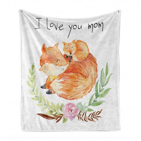 Sketch Soft Flannel Fleece Throw Blanket, I Love You Mom Calligraphic Floral Design of a Mom Fox and a Baby Cuddling Print, Cozy Plush for Indoor and Outdoor Use, 60" x 80", Multicolor, by Ambesonne
