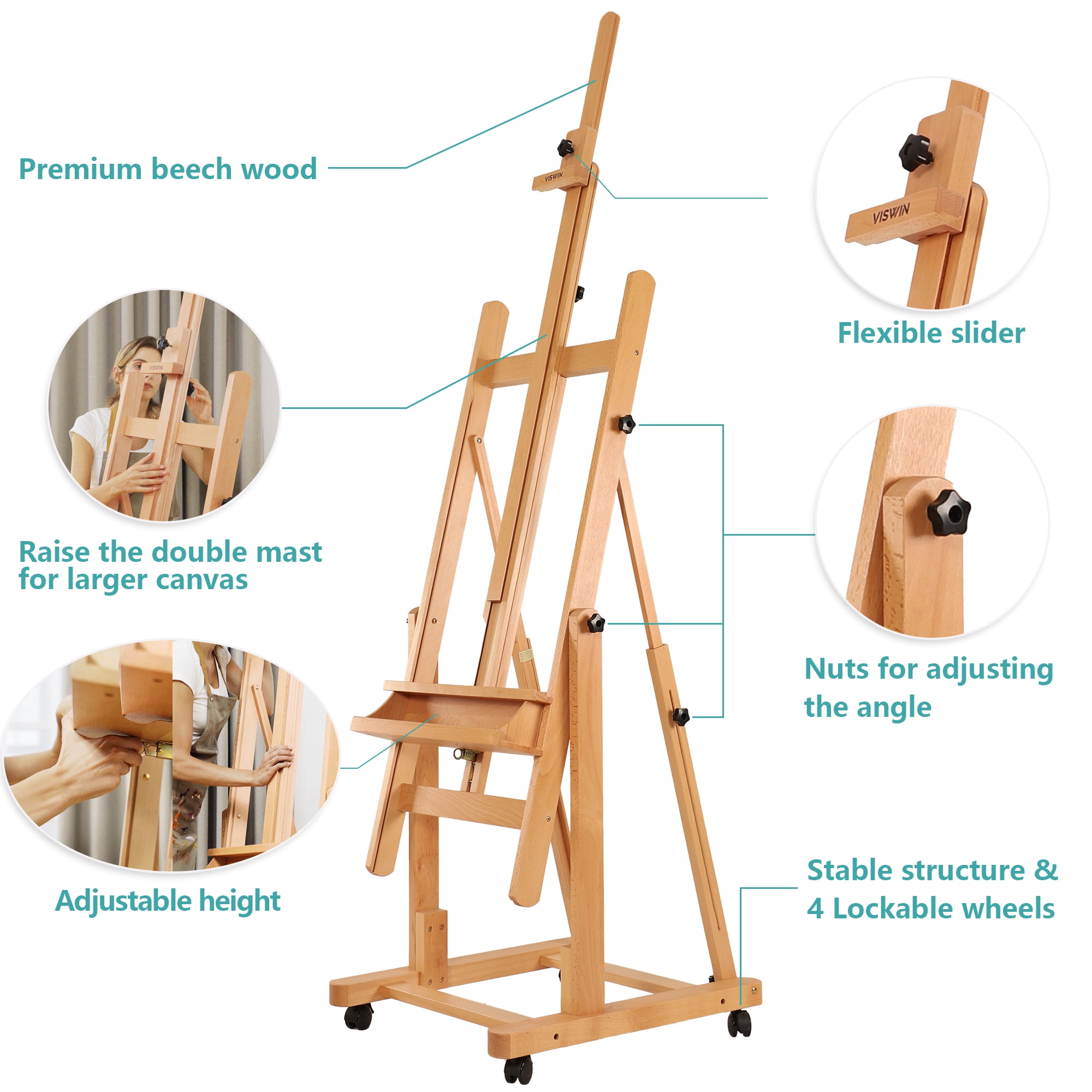 VISWIN Heavy-Duty Extra Large Wood H Frame Easel, Hold Canvas to 82"-Natural