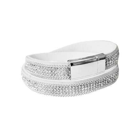 White Leather Rhinestone Wrap Bracelet With Magnetic Clasp
