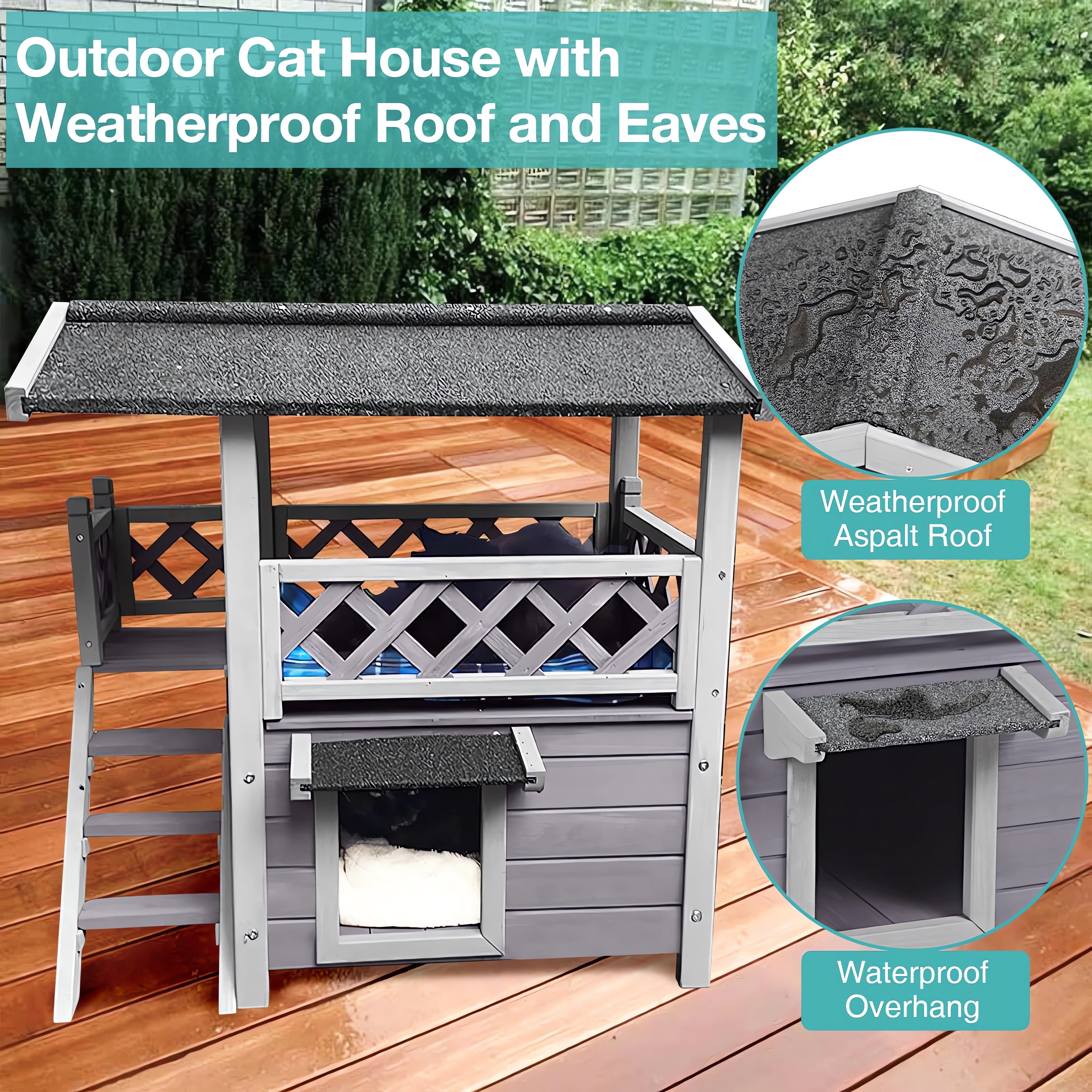 Aivituvin Feral Cat Shelter Outdoor Weatherproof Houses for Cats Two Story Wooden Cat House Outside Feral Cat House with Balcony Waterproof