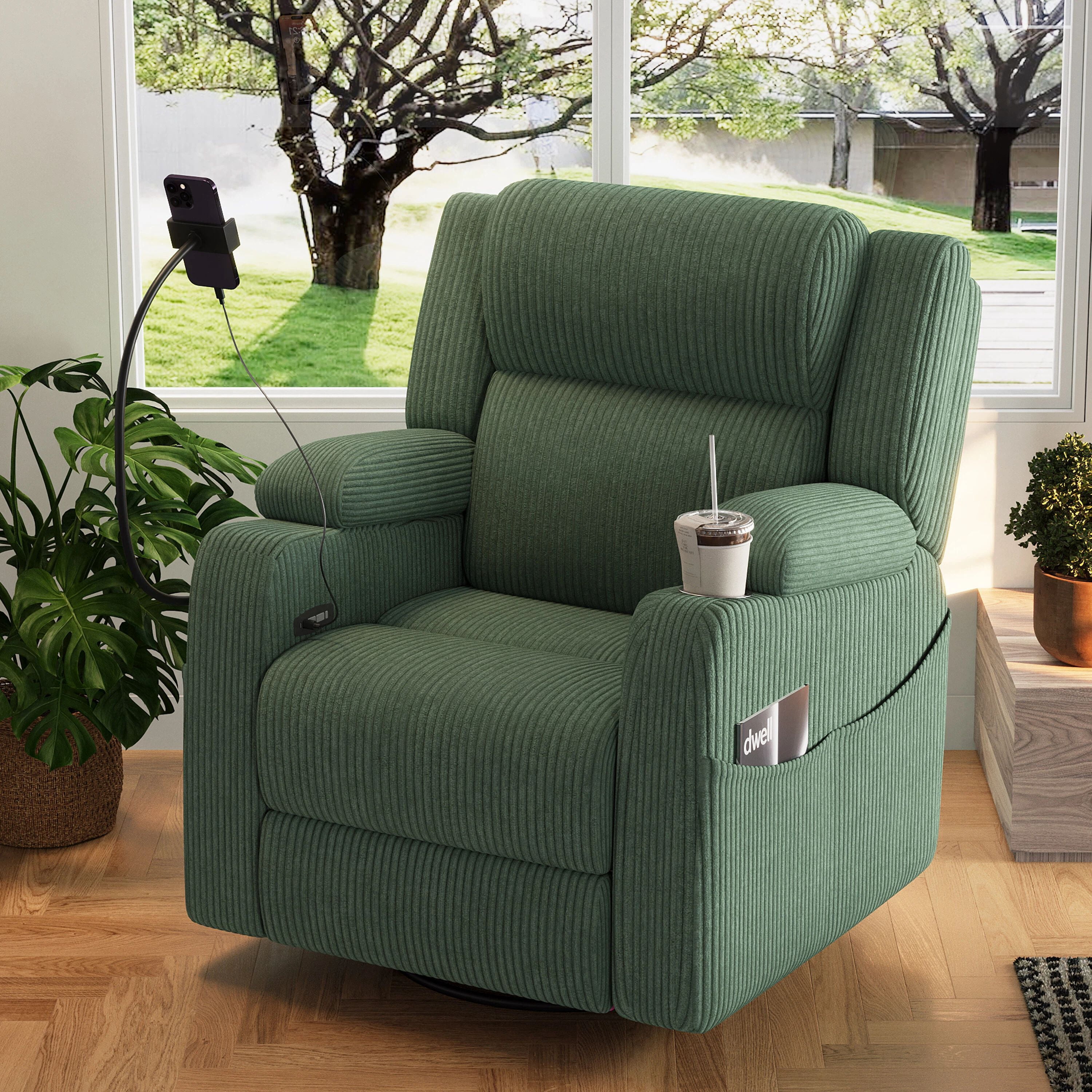 Euroco Power Recliner Chair for Adults, 270° Swivel Rocker Recliner with Heat and Massage,Phone Holder & USB Ports,Side Pockets, Cup Holder,Electric Glider Nursery Chair with Hidden Storage,Green