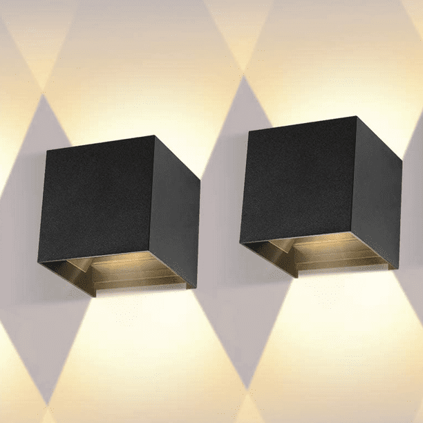 Aplique de pared LED de 12 W para interior y exterior, resistente al agua IP65, diseño ajustable, luz blanca cálida de 3000 K, para salón, dormitorio y pasillo, paquete de 2 (negro)