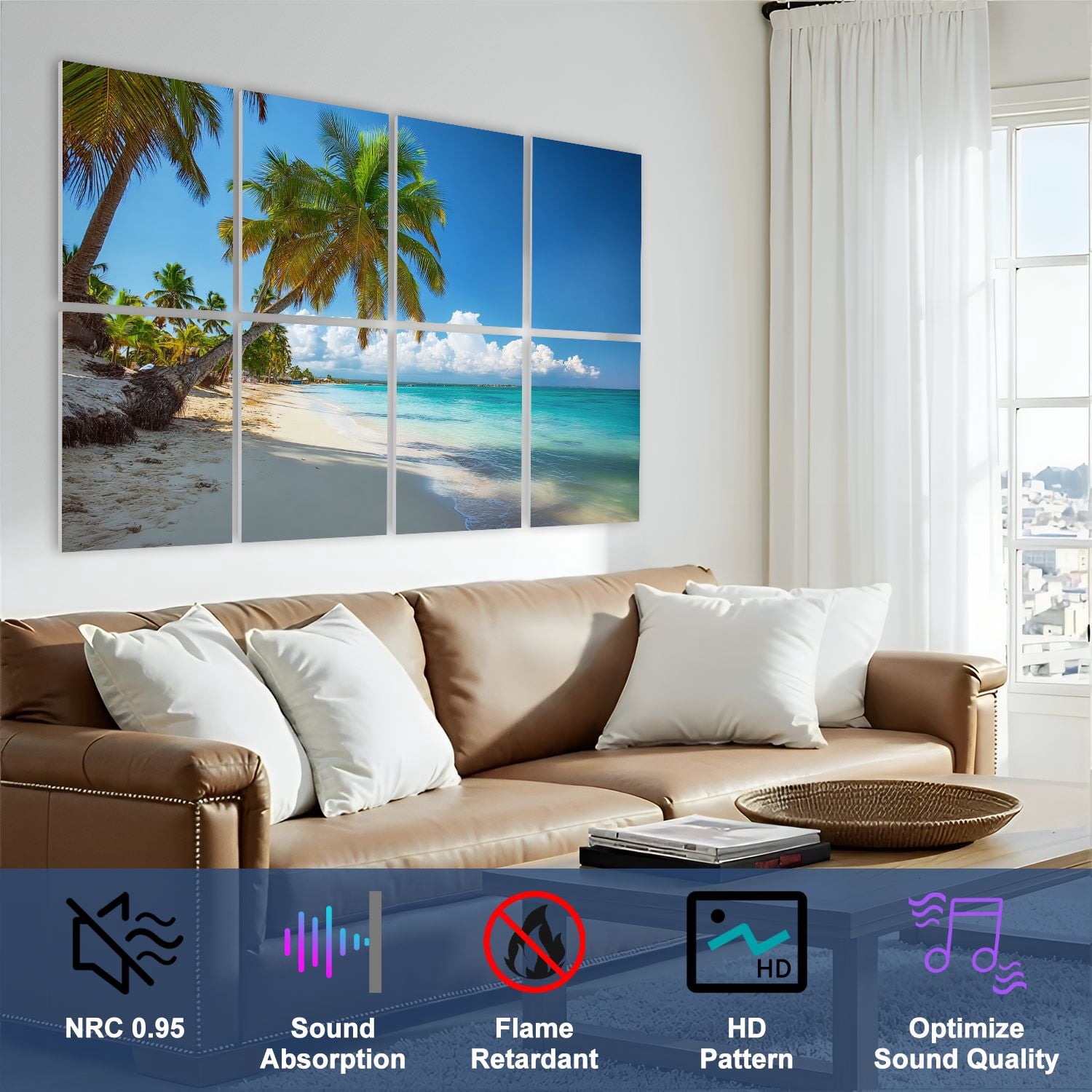 8 Pack Art Acoustic Panels Sound Absorbing Tropical beach Punta Cana Dominican Republic Caribbean Decorative Soundproof Wall Panels Self Adhesive for Nursery Game Room Bedroom 48"x32"
