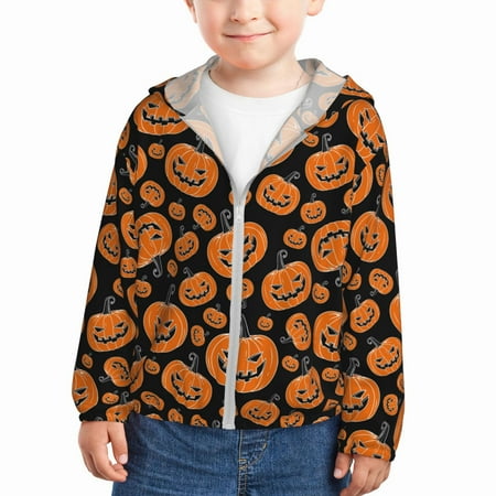 

Sun Hoodie for Kids Halloween Pumpkins Long Sleeve Swim Fishing Shirts Sun Protection Zip Up Jacket Clothing Athletic Hoodie