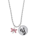 thumbnail image 1 of Delight Jewelry Silvertone Pink Dragonfly with Crystal Silvertone Script Initial Disc - Y - Charm Necklace, 20"+3", 1 of 4