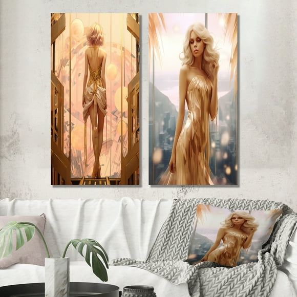 Designart "Art Nouveau Retro Beauty Timeless Elegance Revived II" Fashion Woman Wall Art Set Of 2 - Glam Pink Gallery Set For Office Decor