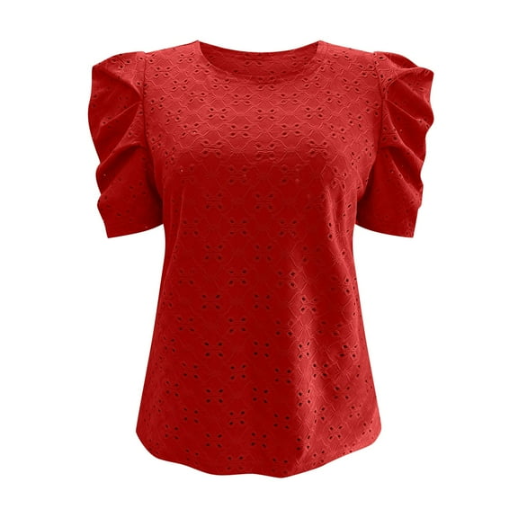 IROINNID Cozy Tops For Women Elegant Fashion Plaid Round-Neck Solid Color Puff Short Sleeve Tops Spring