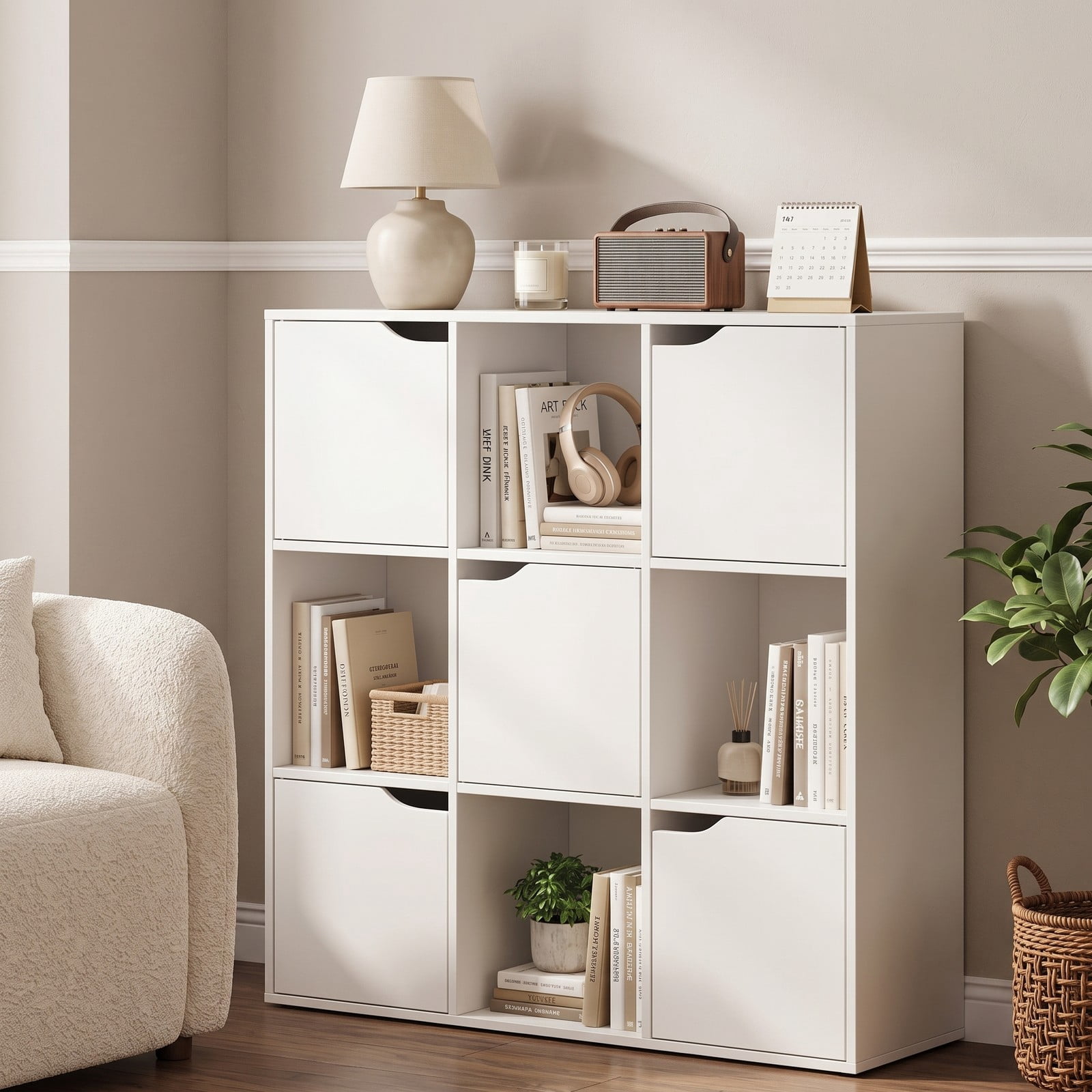 Furnibear 9 Cube Storage Bookcase, Free Standing Wood Divider Organizer with 4 Open Cubes and 5 Cabinets for Home Office Living Room Bedroom, White