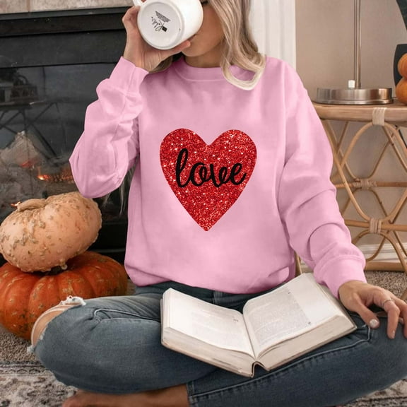 pimelu Sweatshirt for Women Womens Crewneck Sweatshirt Valentine's Day Fashion Heart Graphics Love Letter Print Pullover Blouses Ladies Loose Crewneck Long Sleeve Sweater Tops