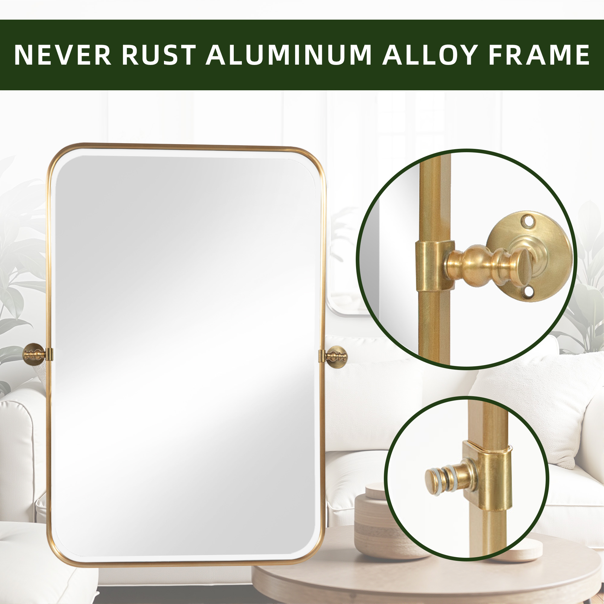 MAYEERTY 36x24 Iron Rounded Rectangle Gold Hardware Hanging Mirror