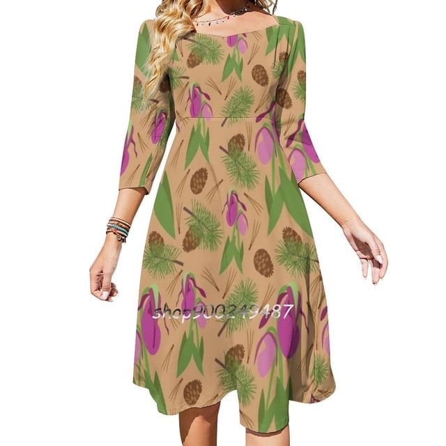 Vestido con escote cuadrado y orquídea silvestre, nuevo vestido elegante de talla grande para mujer, vestido ajustado a la cintura, zapatillas de dama rosas, flores silvestres