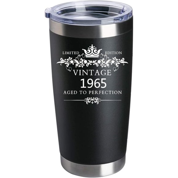 COFOZA 1965 60th Birthday Gifts for Man Woman 20 Ounce Stainless Steel Vacuum Insulated Tumbler Cup Mug with Sliding Lid 60 Years Birthday Anniversary Present (Black)
