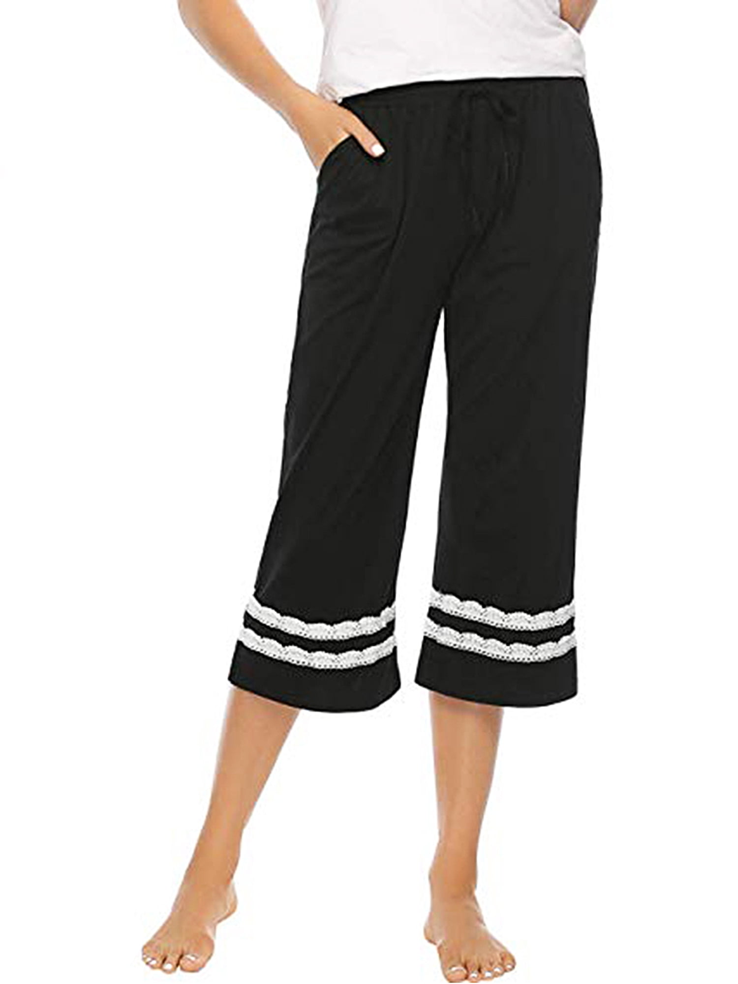 citgeett - Women's Capri Pajama Pants Lace Flare Drawstring Long Wide ...