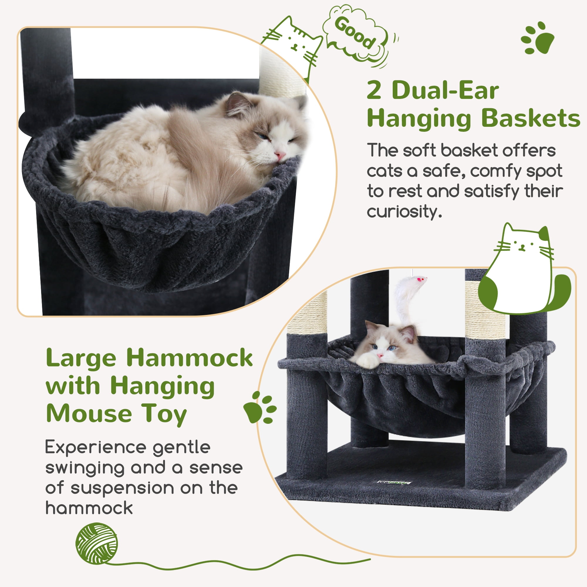 Globlazer 68" XL Corner Large Cat Tree Tower Condo with 6 Sisal Scratching Posts, 2 Condos, Hammock & Hanging Basket, Dark Gray