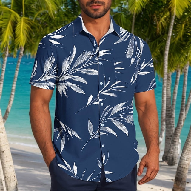 Blusa y camisa de manga corta con cuello vuelto para hombre, informal, a la moda, con estampado de bolsillo y botones, de poliéster.