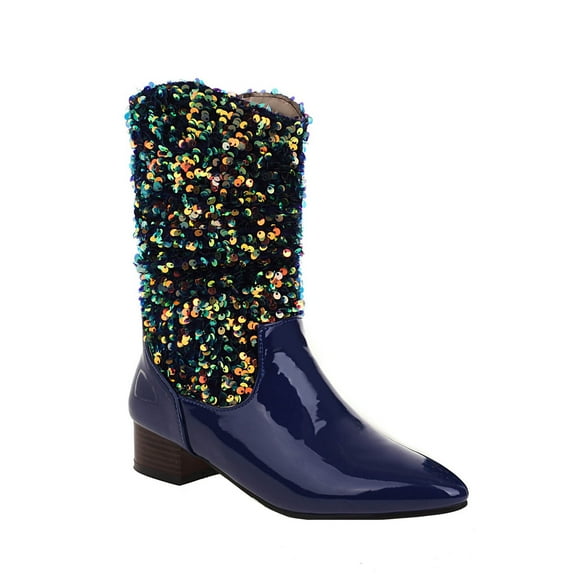 CEHVOM Autumn And Winter Sequins Stitching Patent Leather Pointed Toe Boots Flat Boots