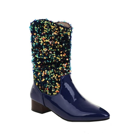 

Sentuca Autumn And Winter Sequins Stitching Patent Leather Pointed Toe Boots Flat Boots