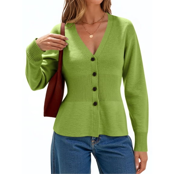 IROINNID Womens Fashion V Neck Cardigan Sweater Long Sleeve Elastic Waist Knitted Top Elegant Soft Comfortable Versatile Wardrobe Staple for Casual Outfits(Green,XL)