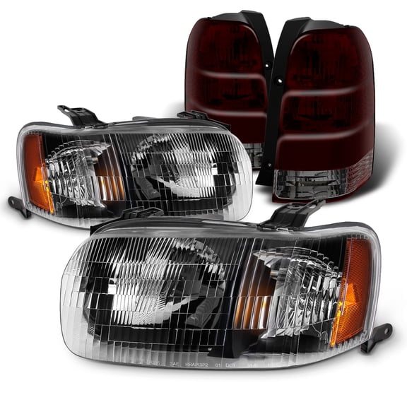 AKKON - For 2001 2002 2003 2004 Ford Escape OE Style Black Housing Headlight Lamp Assembly   Dark Red Tail Brake Light Set