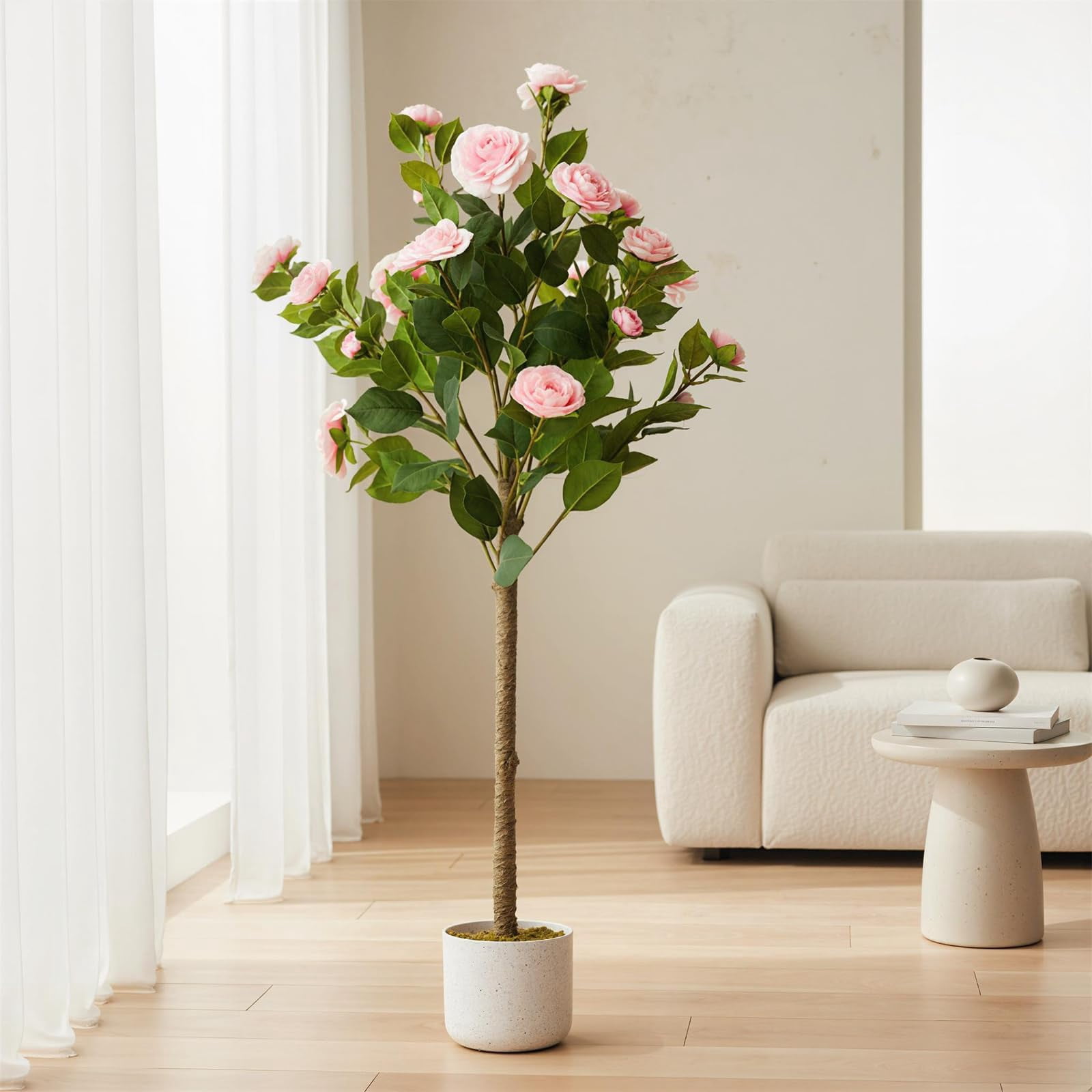 3.6FT Artificial Camellia Tree, Realistic Faux Plant in Pot with Flowers, Artificial Plants for Spring Home Decor Outdoor Porch Front Door Decor 2 Pack