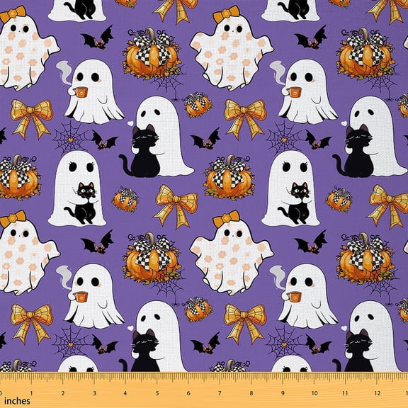 Homewish Kawaii Purple Ghost Fabric by the Yard 1 Yard for Kids, Cartoon Cat Kitten Room Decor Fabric by the Yard, Happy Halloween Sewing Fabric, Microfiber Bedroom Decor