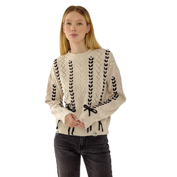 Textured Knit Sweater with Ribbon Detail
