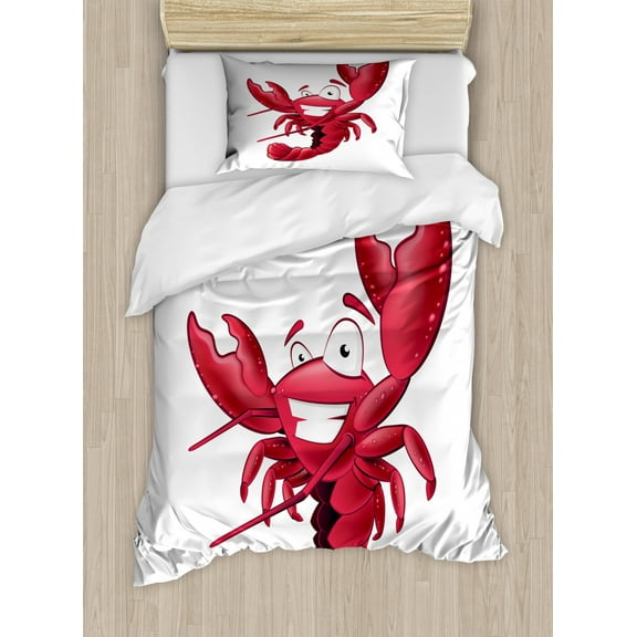 Lobster Duvet Cover Set Twin Size, Illustration of a Happy Smiling Cartoon Lobster Waving His Pincers in the Air, Decorative 2 Piece Bedding Set with 1 Pillow Sham, White Dark Coral, by Ambesonne