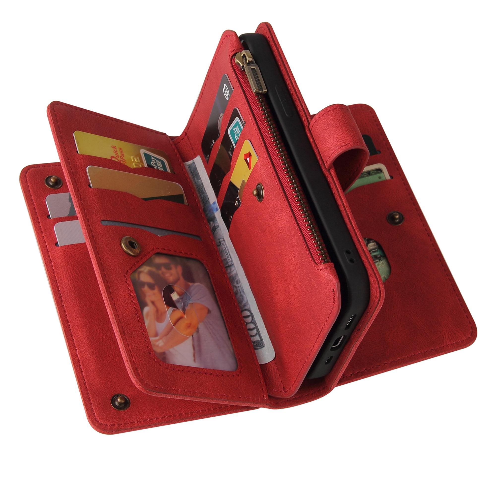 Phone Case for Samsung Galaxy S24 Ultra, S24 Ultra Wallet Case, Luxury Folio Flip Leather Cover [Zipper Pocket] [Wrist Strap] [Kickstand] for Samsung Galaxy S24 Ultra, Red