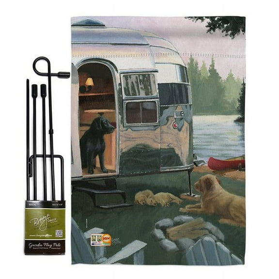 Breeze Decor BD-PT-GS-110114-IP-BO-D-US18-WA 13 x 18.5 in. Canine Camp Nature Pets Vertical Double Sided Mini Garden Flag Set with Banner Pole