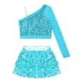 thumbnail image 4 of YiZYiF Kids Girls Jazz Dance Costume One Shoulder Shiny Sequin Crop Top with Metallic Culottes Cheer Leader Dancewear Light Blue 10, 4 of 7