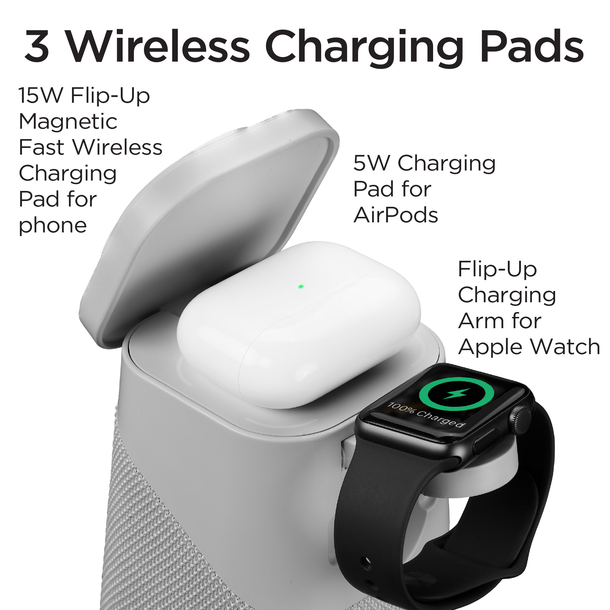 iHome Wireless Charger with Apple Watch Charger, Bluetooth Speaker, and Night Light - Grey (iPBT70G)