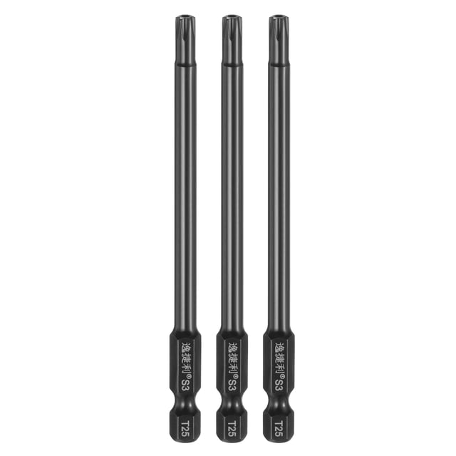 Uxcell 3pcs T25 Torx Punta de Destornillador 1/4" Hex Shank 100mm/4" Longitud Acero S3 Magnético a Prueba de Manipulación Cabeza Estrella de 6 Puntos Puntas de Destornillador Hex, Negro