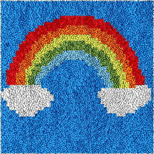 Latch Hook kits Rug for Kids Printed Canvas Rainbow Cloud DIY Handmade Carpet Crochet Yarn Embroidery Needlework Hook Latch Kit Rug Cover Christmas Home Decoration 30x30cm