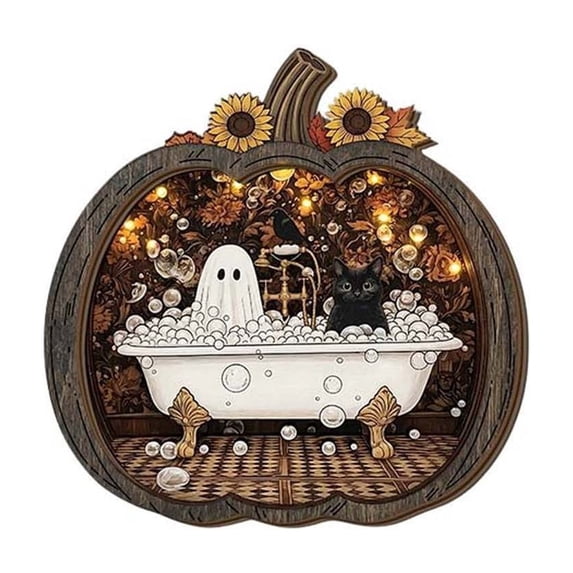 Layered Wood Pumpkin Ghost Decor, Fall Halloween Tabletop Ornament with Wooden Stand for Mantel Shelf