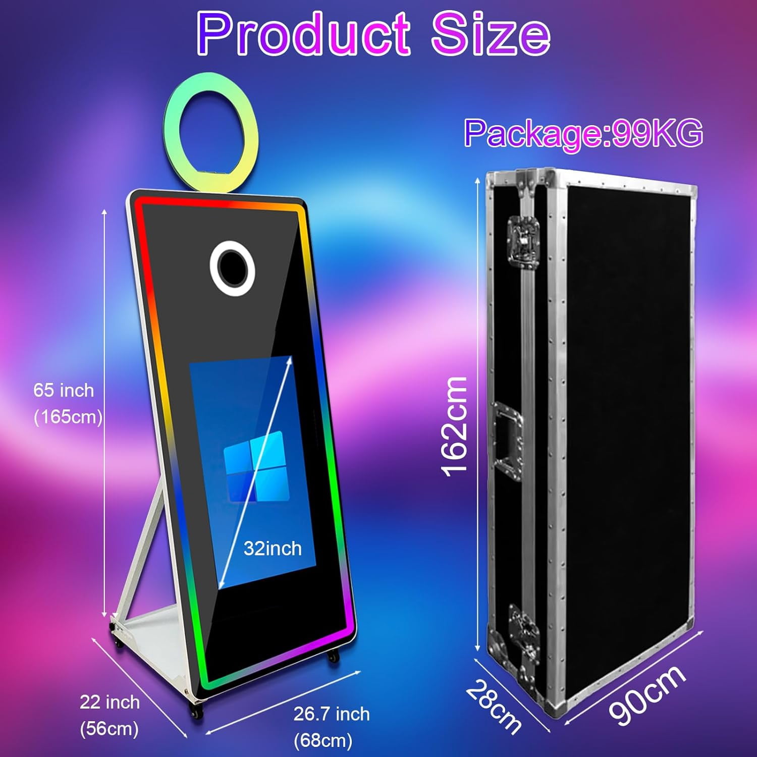 WideMeet 65''Portable Magic Mirror Photo Booth 32''Touch Screen with RGB Light Selfie Machine for Party