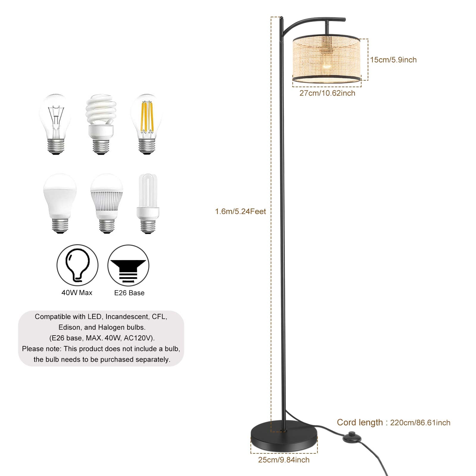 IC INSTANT COACH Boho Rattan Floor lamp, Farmhouse Standing Light with ON/OFF Switch E26 Lights for Bedrooms Living Room
