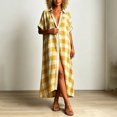 thumbnail image 2 of Morttic Women's Lapel Collar Short Sleeve Plaid Shirt Loose Button Front Long Dress Summer Beach Vacation Casual Outfit Yellow，L, 2 of 6