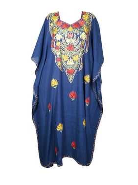 Mogul Women Maxi Caftan Dress Bohemian Summer Blue Floral Embroidered Summer Long Dresses 3XL