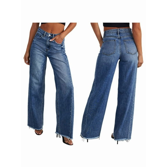 Women'S Wide Leg Jeans High Waisted Strechy Raw Hem Pants Dark Blue M