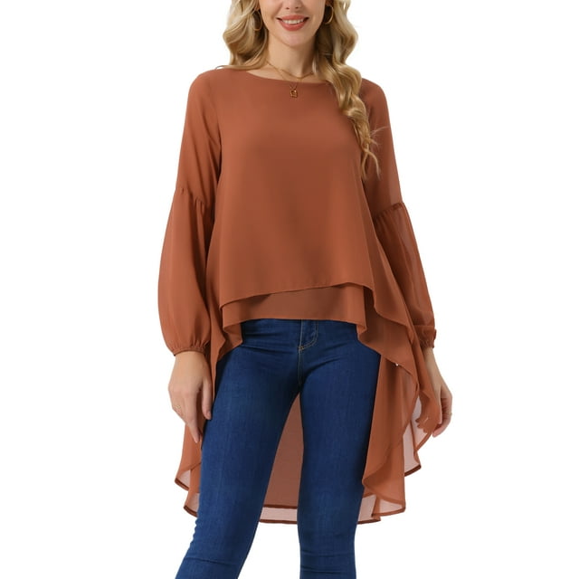INSPIRAR CHIC Blusas Asimétricas de Manga Larga con Cuello Redondo para Mujeres, Casual y Elegante, Talla XL, Color Marrón Claro