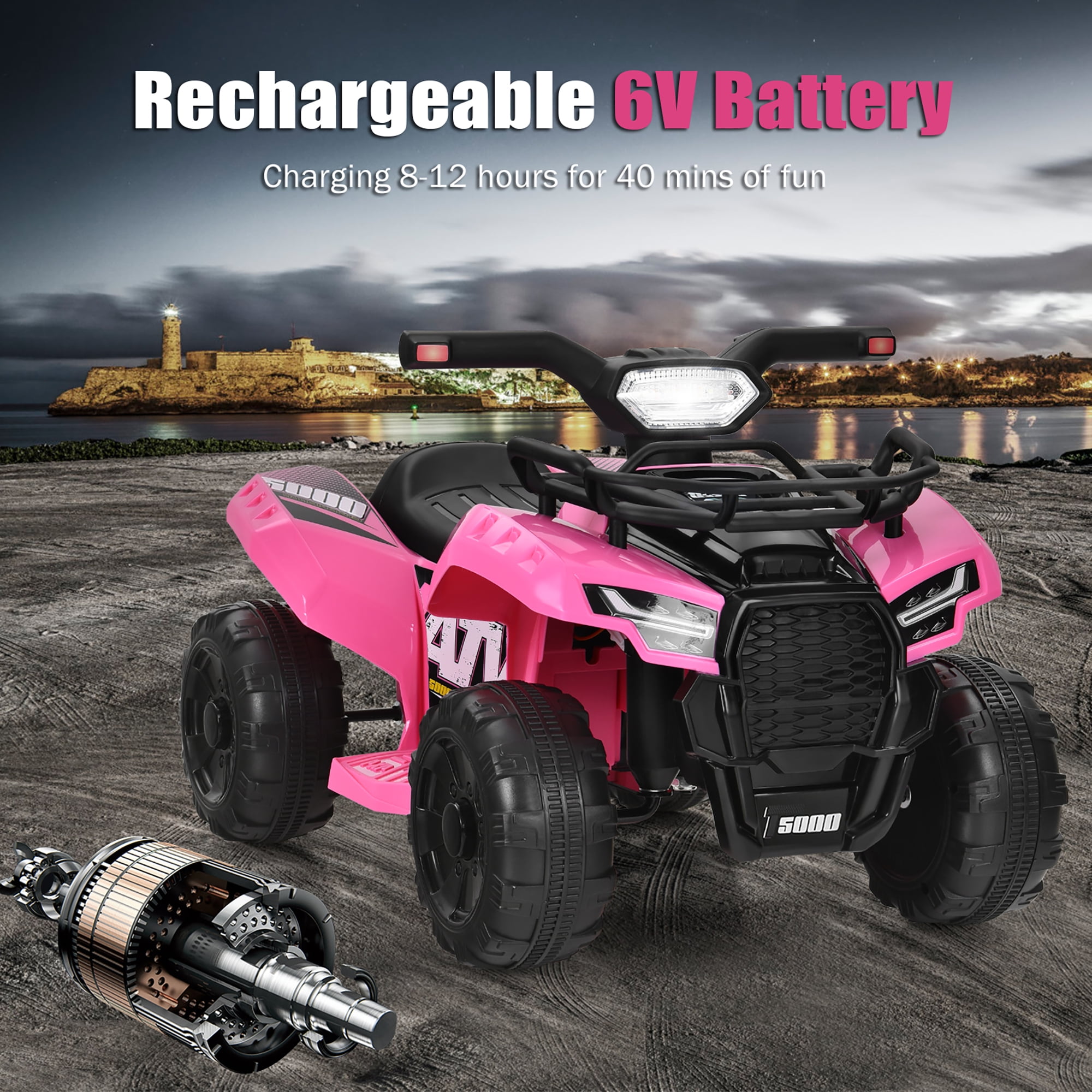 Costway 6V Kids ATV Quad Electric Ride On Car Toy Toddler with LED Light MP3 Pink
