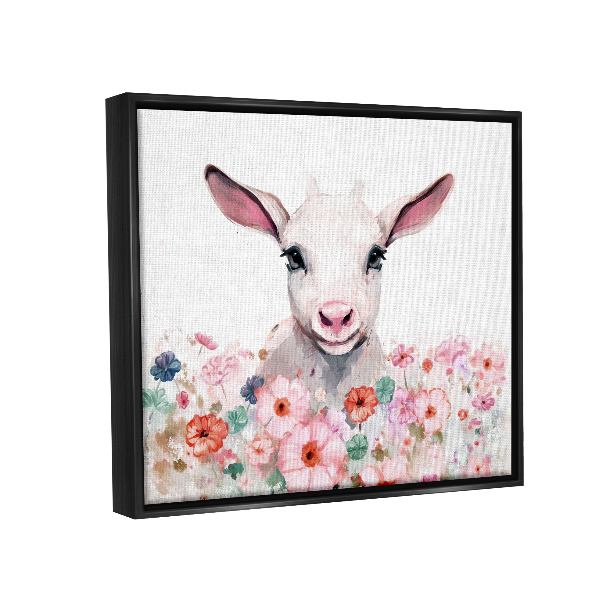 Stupell Industries Baby Sheep & Pink Flowers Animals & Insects Painting Black Floater Framed Canvas Art Print Wall Art, 31 x 25