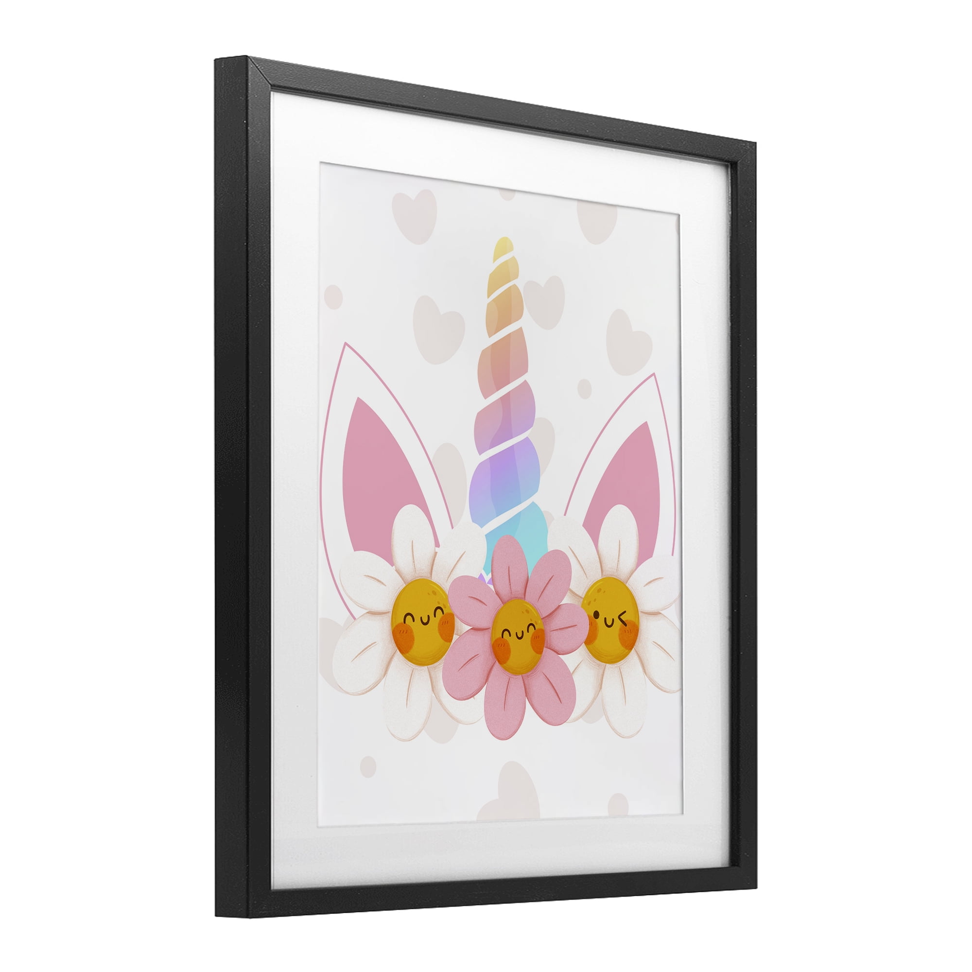 Daisy Unicorn with Hearts Black Framed Print Under Glass, design by Jesse Keith