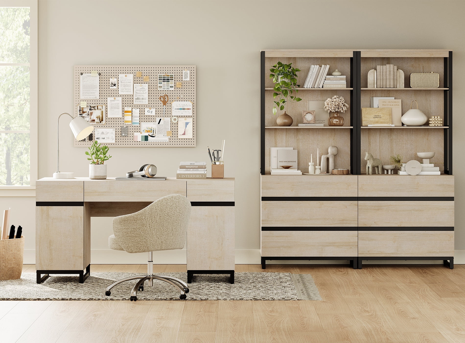 WAMPAT Home Office Furniture Set: 59" Executive Desk with Charging Station and Storage Cabinet, 72" Tall Bookcase with 6 Drawers, Modern Computer Desk and Library Shelf for Work Study, Beige