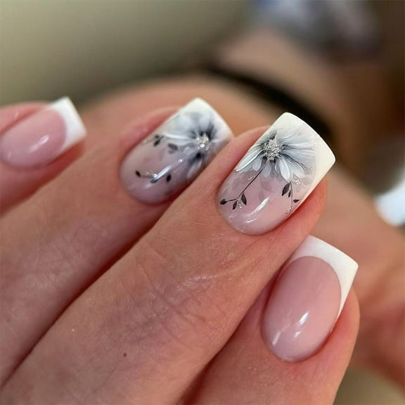 Press on Nails Short Square False Nails French Tip Flower Nails Manicure Decoration Nails Art Accesories For Women