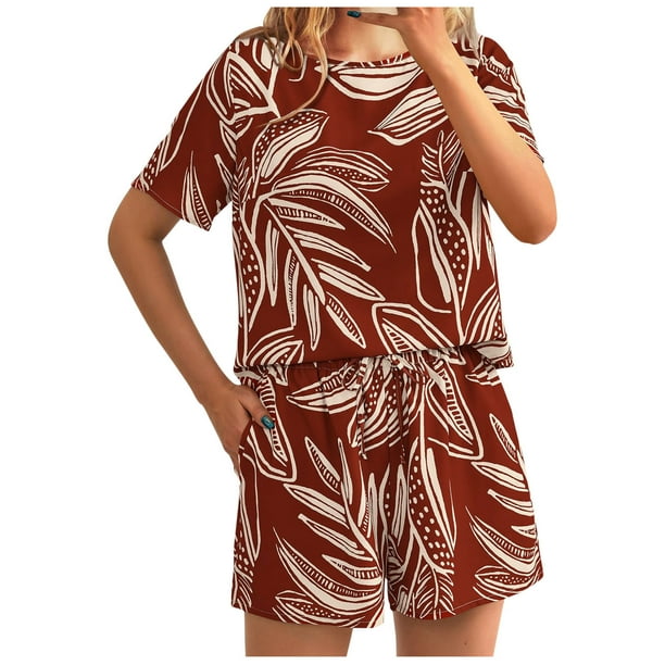 Conjunto de Ropa de Salón de Mujer Cuello Redondo Impresión de Manga Corta Blusa Y Pantalones Cortos, Elástico de la Cintura Bolsillos Conjunto