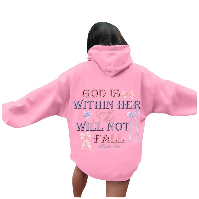 Womens Hoodie Fall Pullover Hoodie with Eye Catching Alphabet Design Trendy Oversized Fit Drop Shoulder Design Womens Sweater Pink L