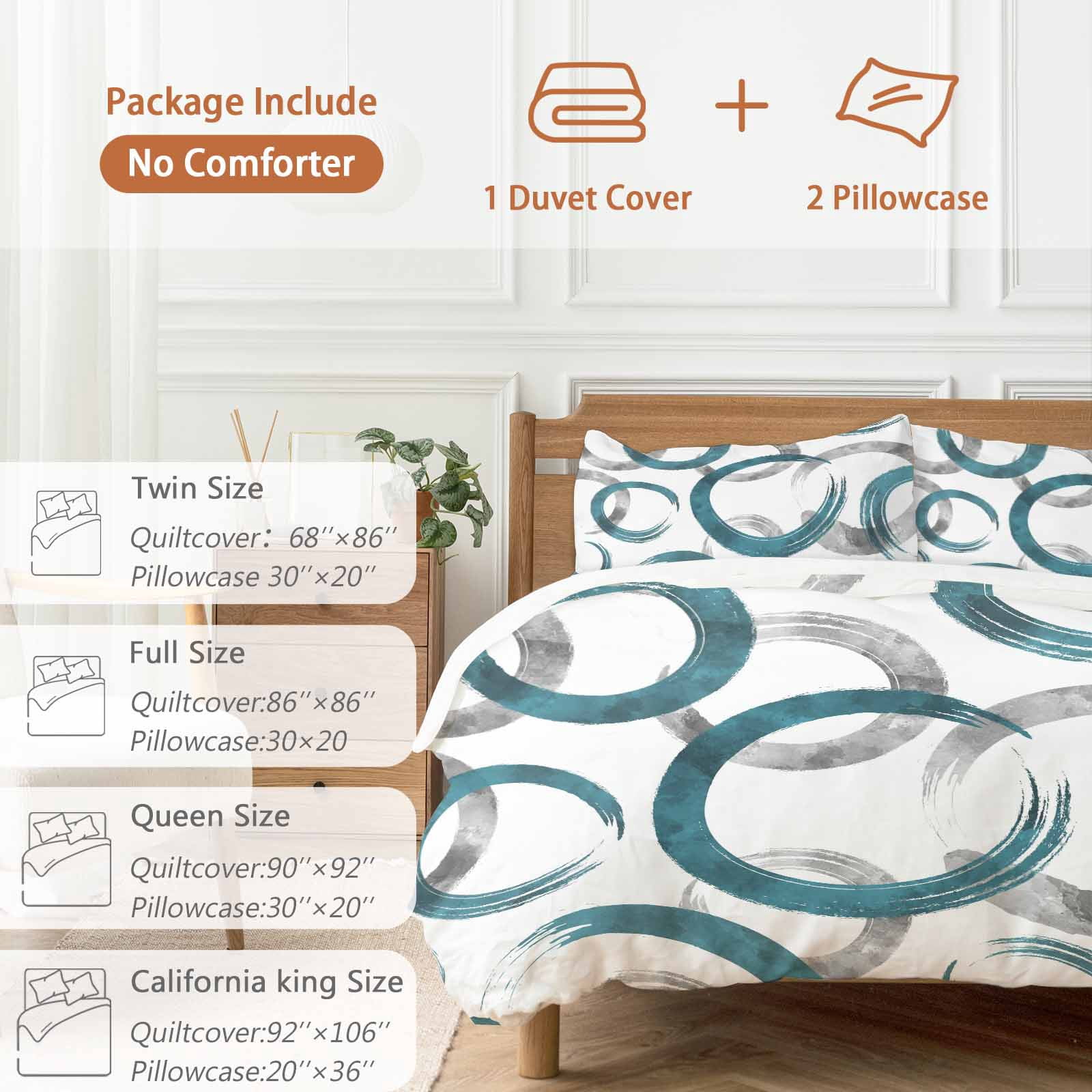 Turquoise Grey Bedding 3 Piece Duvet Cover Set California King, Geometric Circle Modern Abstract Simple Art Soft Microfiber Comforter Cover with Zipper Closure & Pillowcases, Quilt Cover