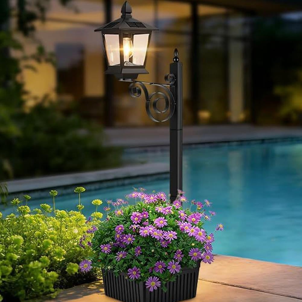Solar Post Light with Planter, Outdoor Waterproof Garden Lamp with 4 Solar Panels, Auto On Off Lantern for Pathway Yard Patio Decor, 27.2 Inch